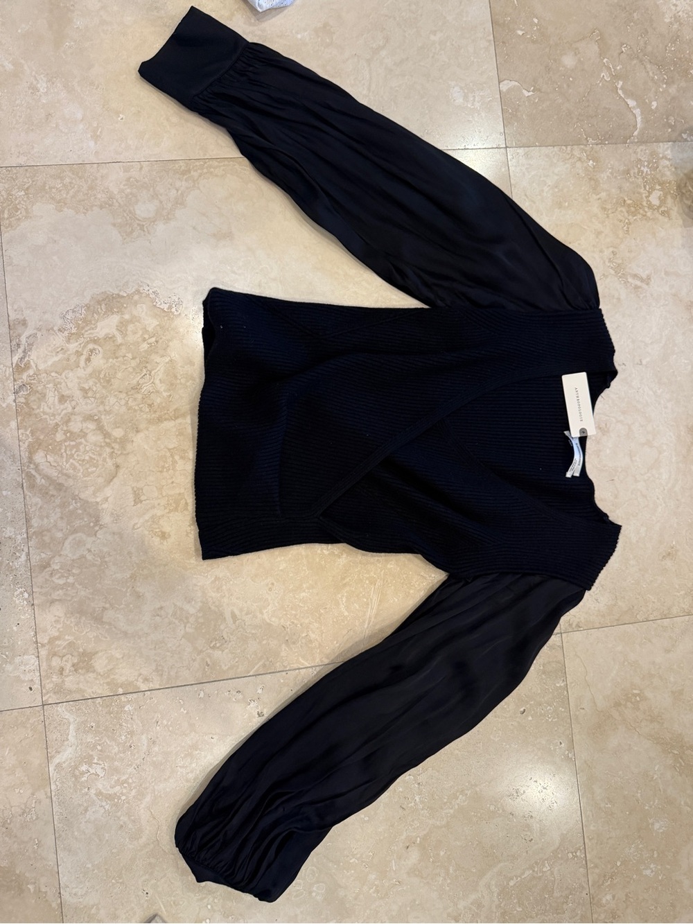 Anthropologie Black Knit Bodice Blouson Sleeve Top